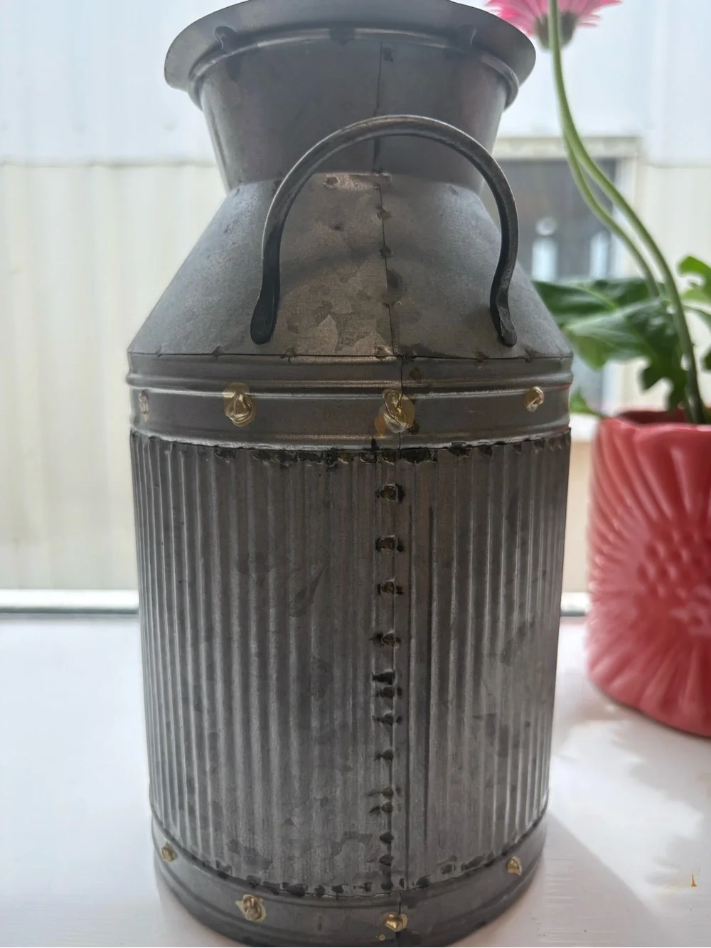 Metal Decorative Milk Can w/ Handles, Rustic Farmhouse, 9 in Tall Candle Holder